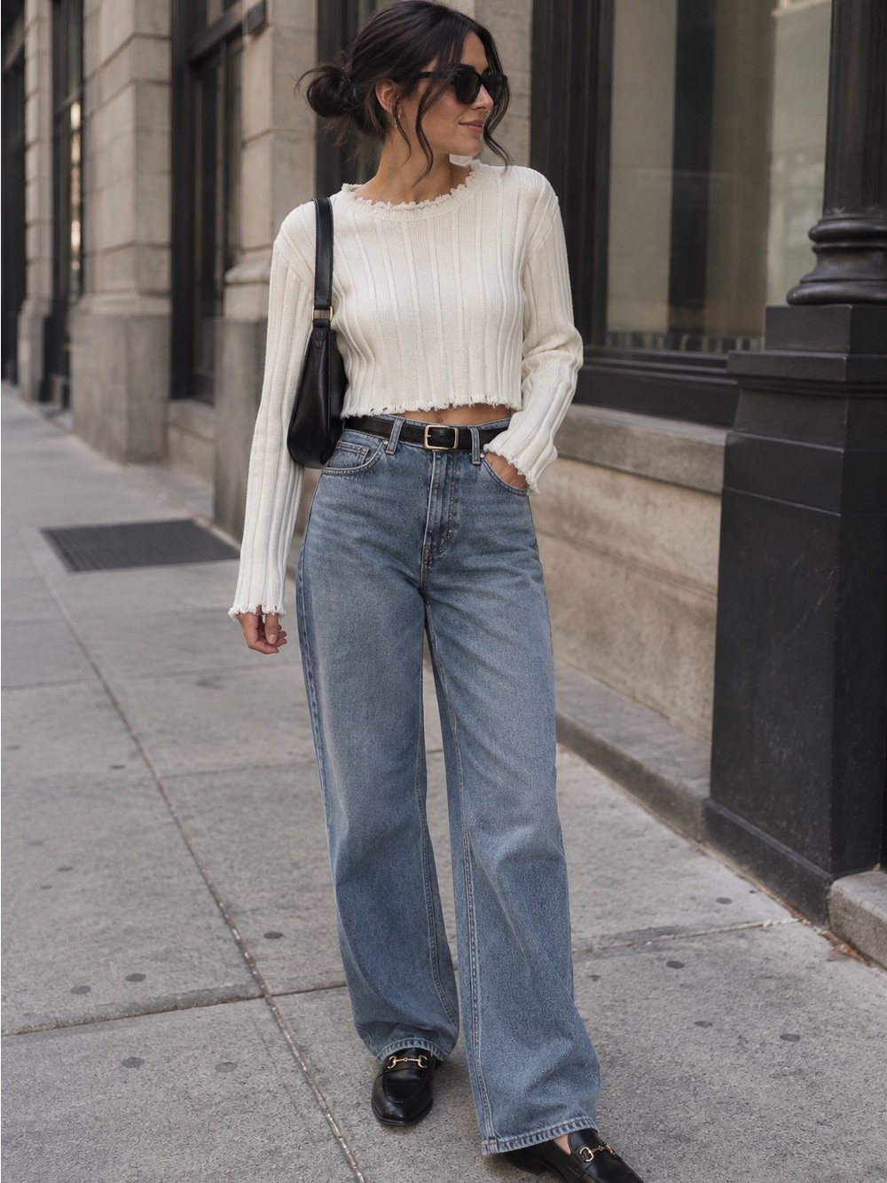 T by Alexander Wang White Ribbed Distressed Cropped Sweater XS